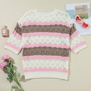 Brown Stripe Color Block Hollow Out Crochet Half Sleeve